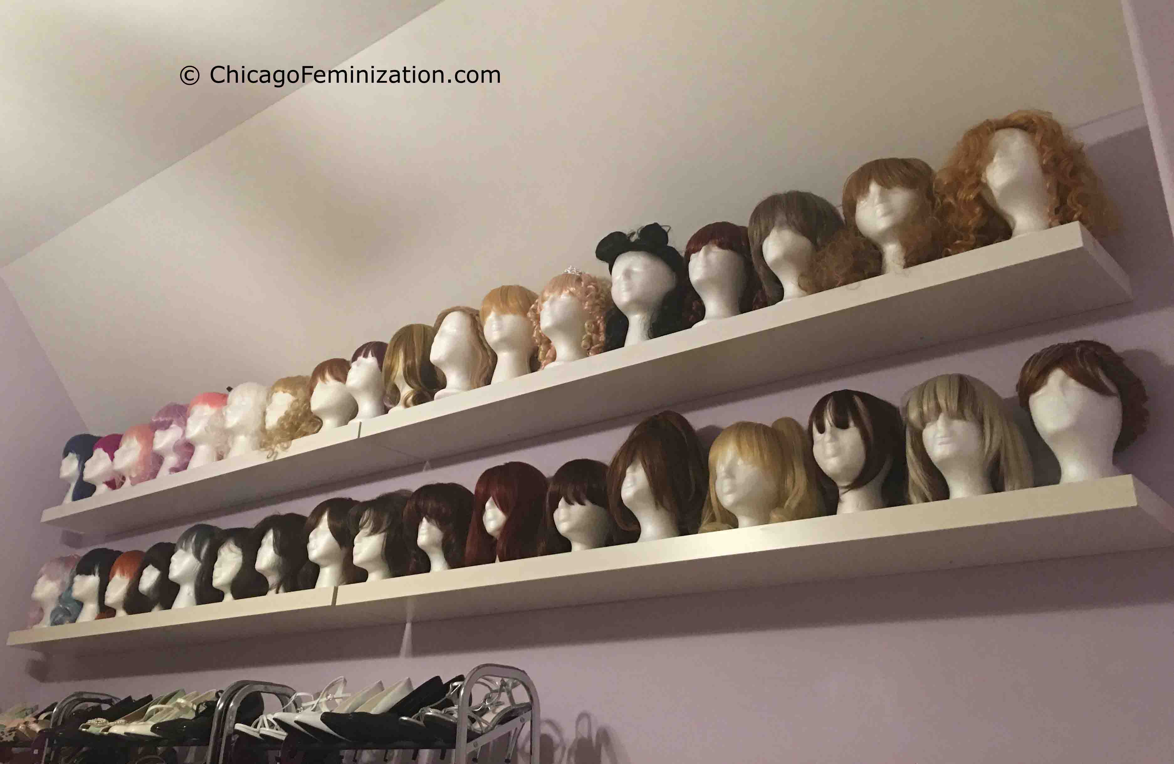 A couple shelves of wigs. There are many more. Transvestite Wigs