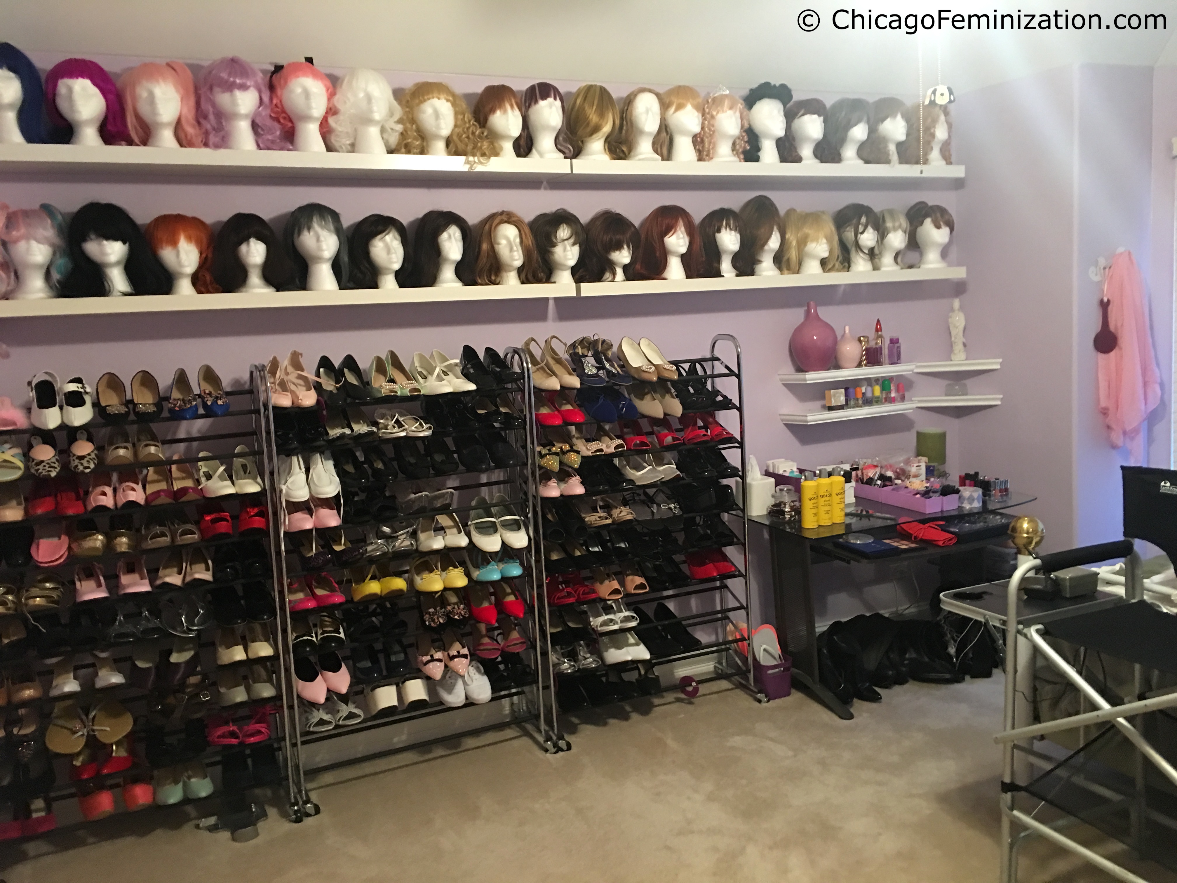 A few shoe racks emptied to allow my footwear care sissy to perform her duties. Transformation Studio Shoe Racks